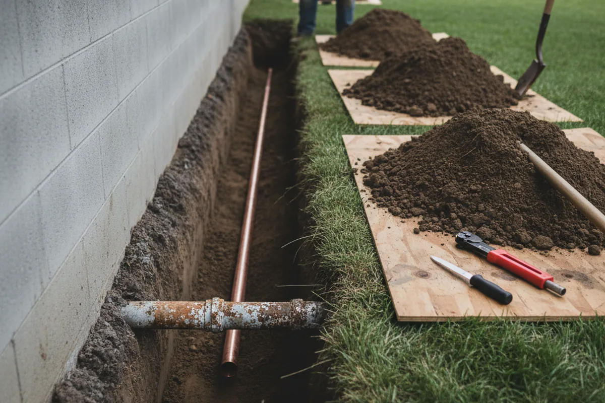 Excavated water line trench during Sewer Line Repair in Brighton